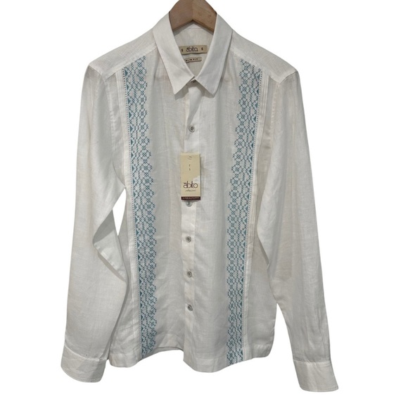 Abito Collezioni Linen Long Sleeve Guayabera SZ Small White Aqua Tropical NWT